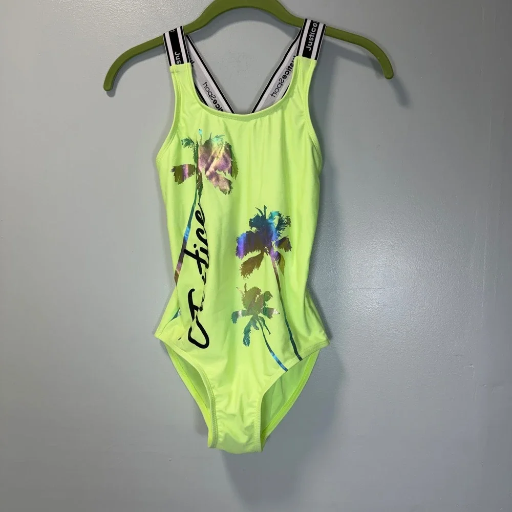 Justice Sport Girls Neon Lime Green‎ Palm Tree One Piece Swimsuit Size L 12/14
